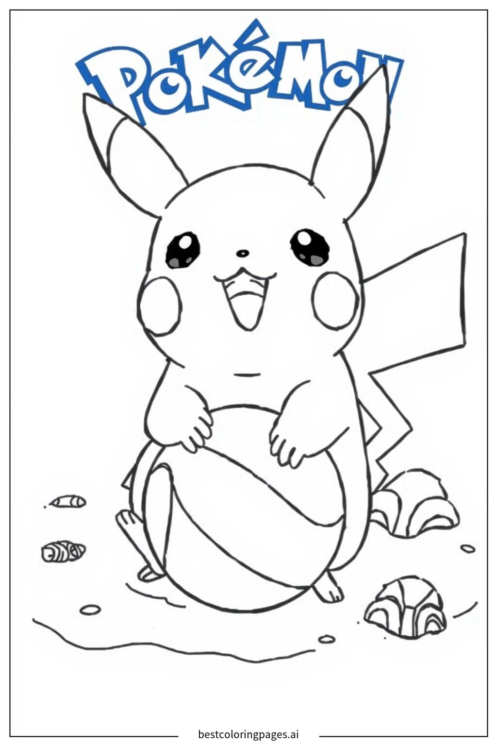 Gambar Mewarnai Pikachu Bermain dengan Bola Pantai