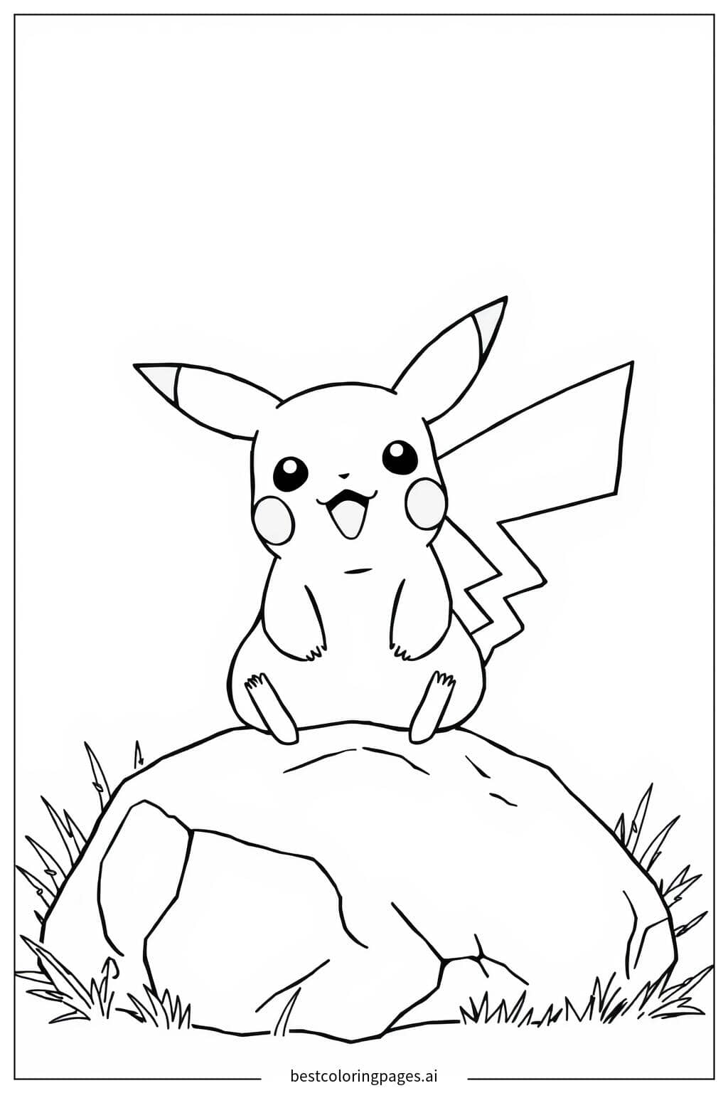 Gambar Mewarnai Pikachu Duduk di Atas Batu