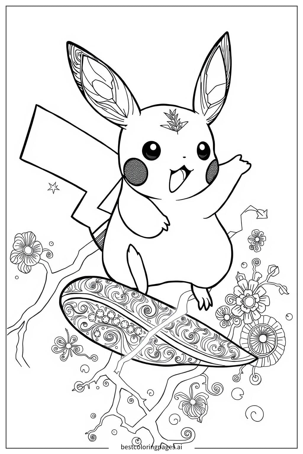 Gambar Mewarnai Pikachu berselancar di atas kilat