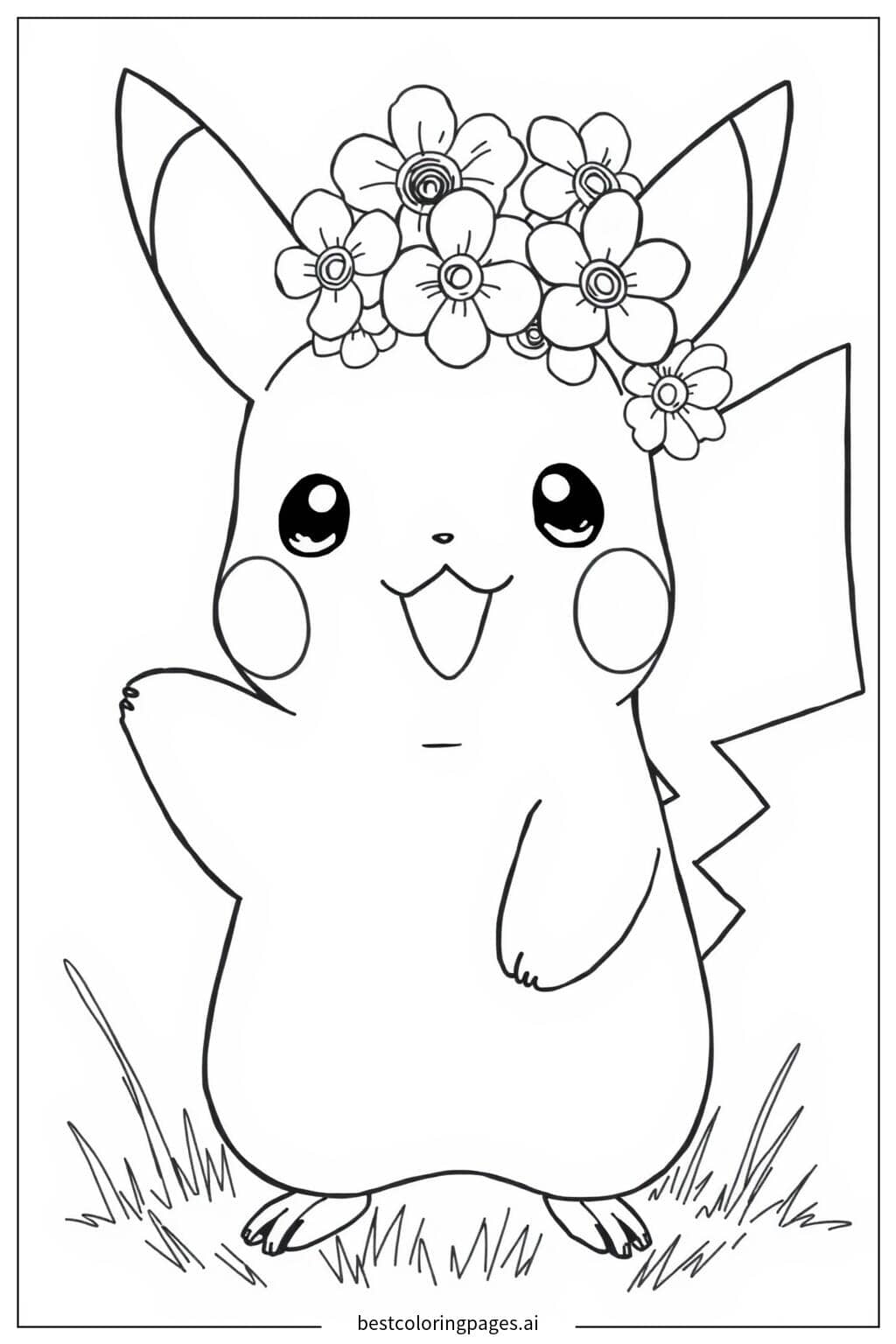 Gambar Mewarnai Pikachu dengan mahkota bunga