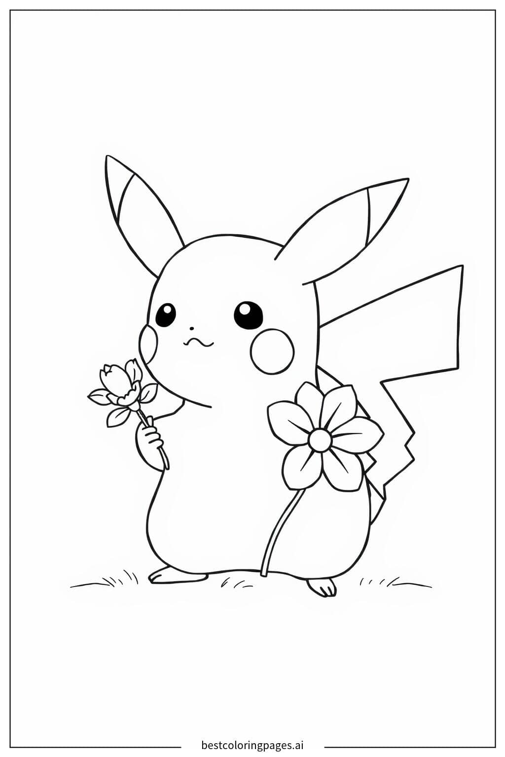 Gambar Mewarnai Pikachu dengan Bunga