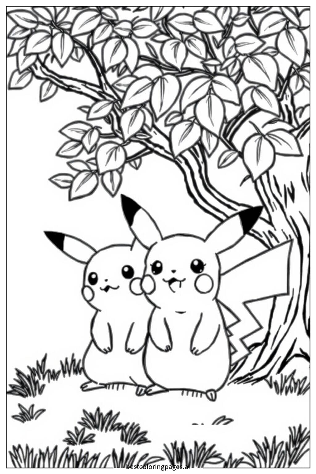 Gambar Mewarnai Pikachu dan Teman di Bawah Pohon
