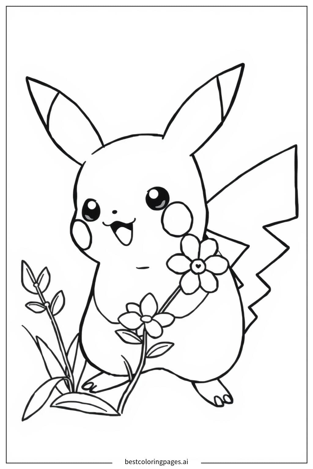 Gambar Mewarnai Pikachu dengan bunga kecil