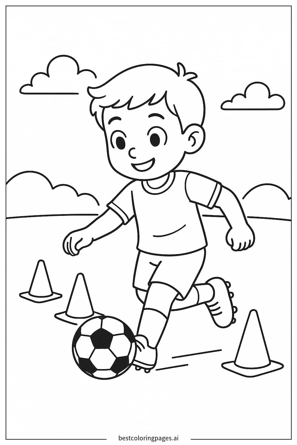 Soccer Player Dribbling Through Cones Coloring Page