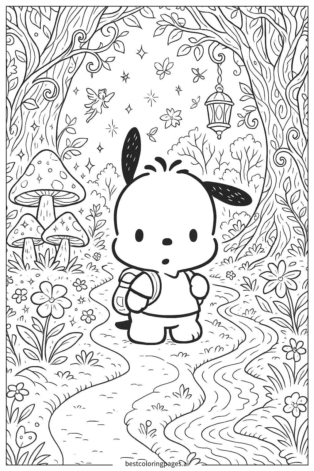 Dibujos de Pochacco explorando un bosque mágico para Colorear