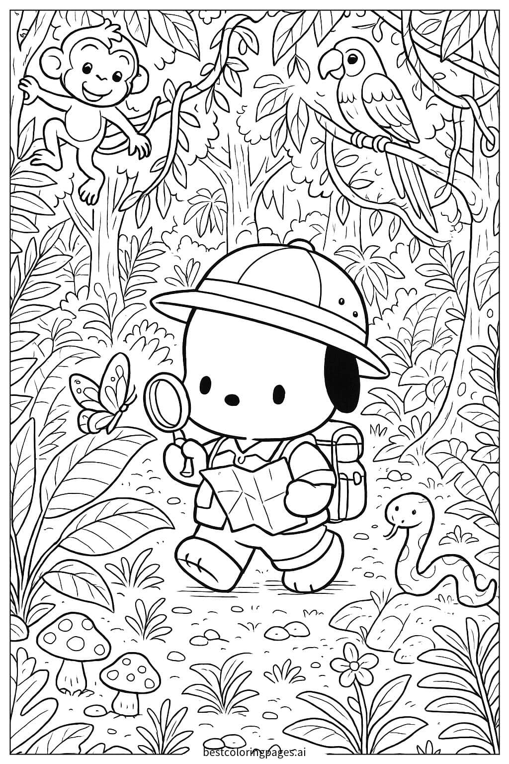 Dibujos de Pochacco explorando la selva para Colorear
