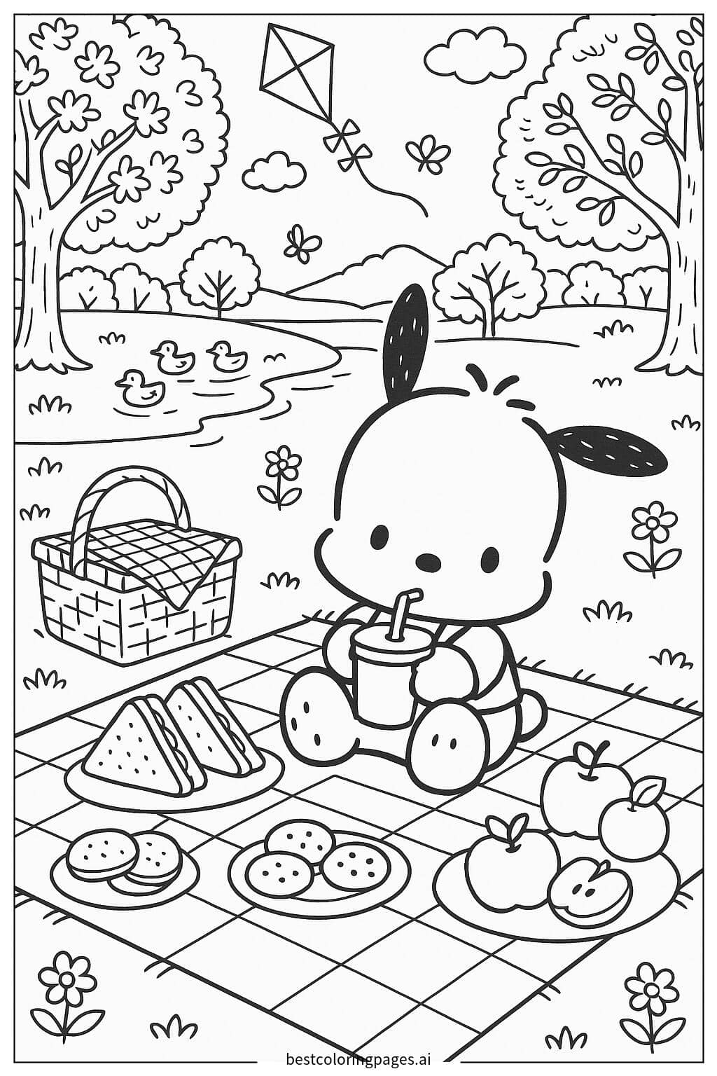 Pochacco Enjoying a Picnic in the Park Coloring Page