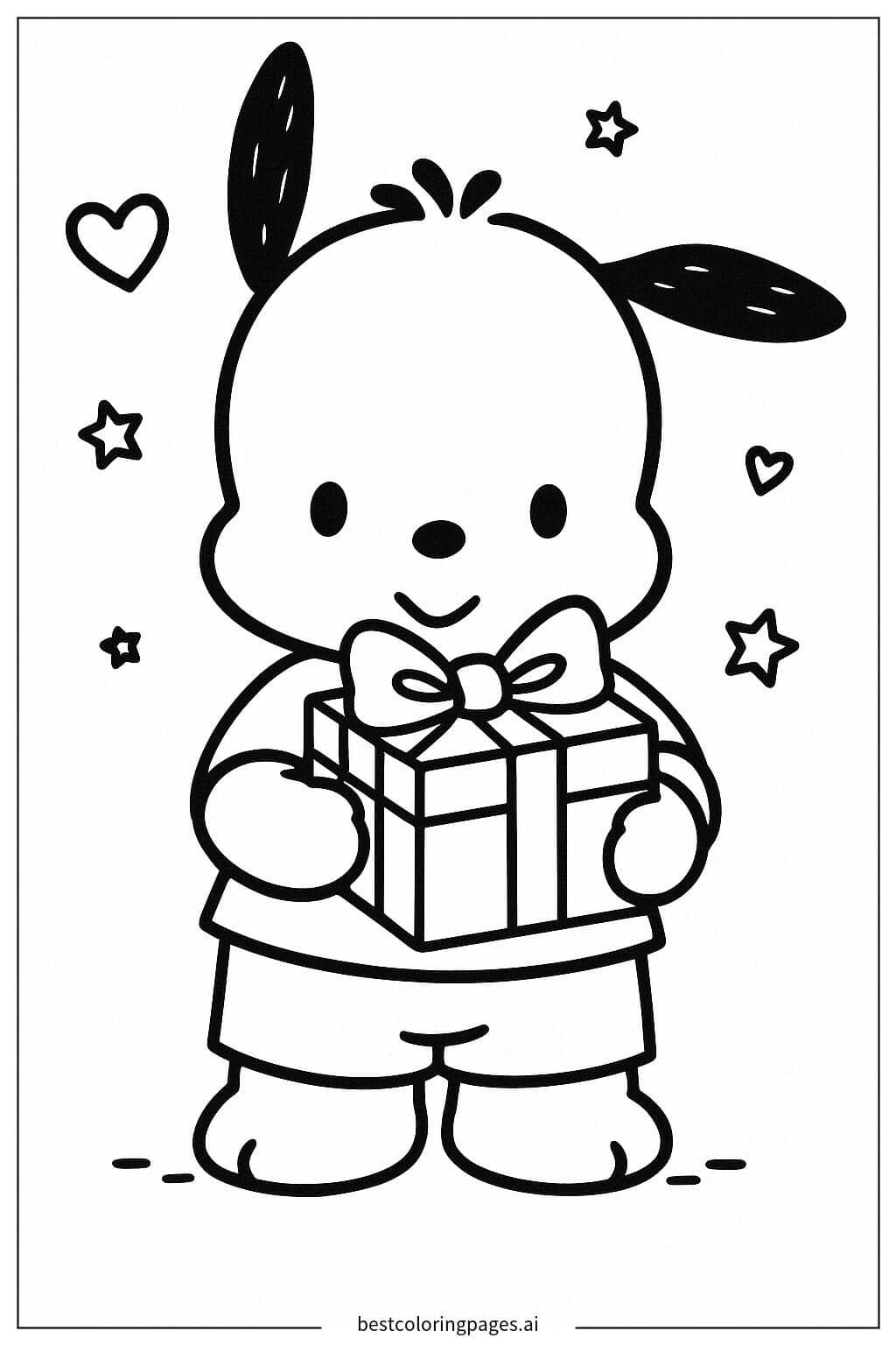 Pochacco with a Gift Box Coloring Page