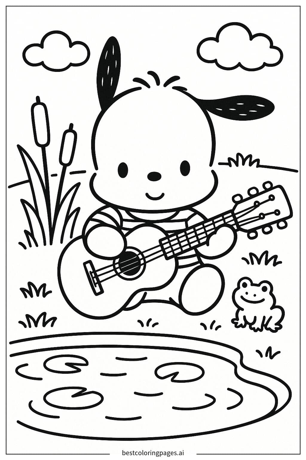 Dibujos de Pochacco tocando la guitarra junto al estanque para Colorear