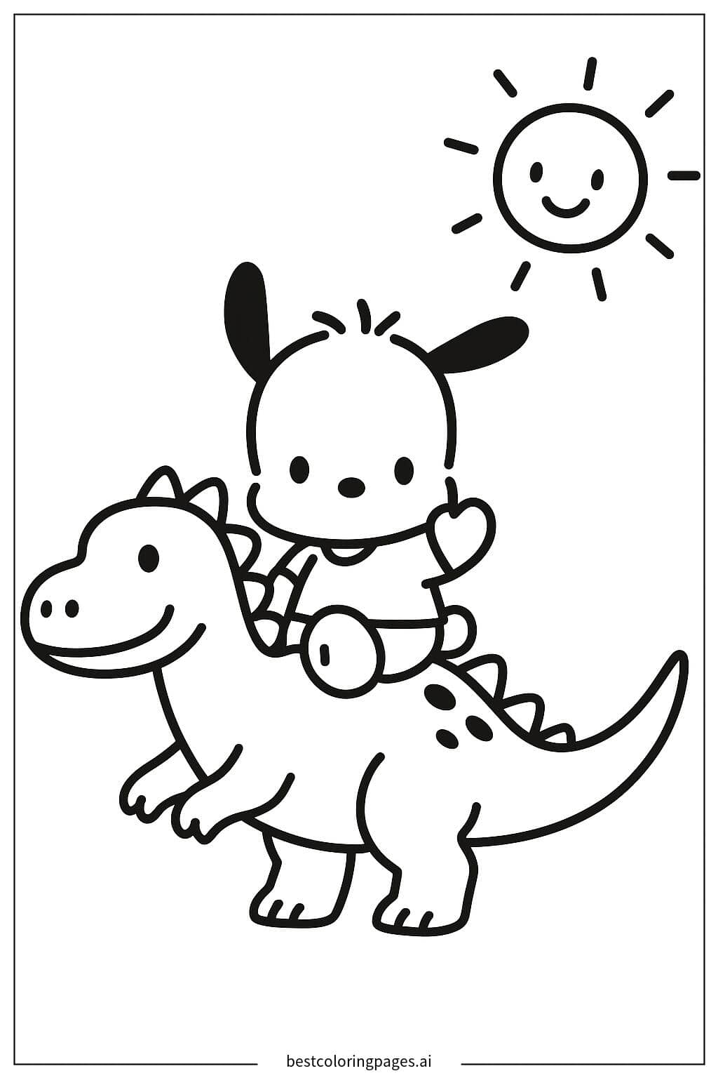 Dibujos de Pochacco Montando un Dinosaurio para Colorear