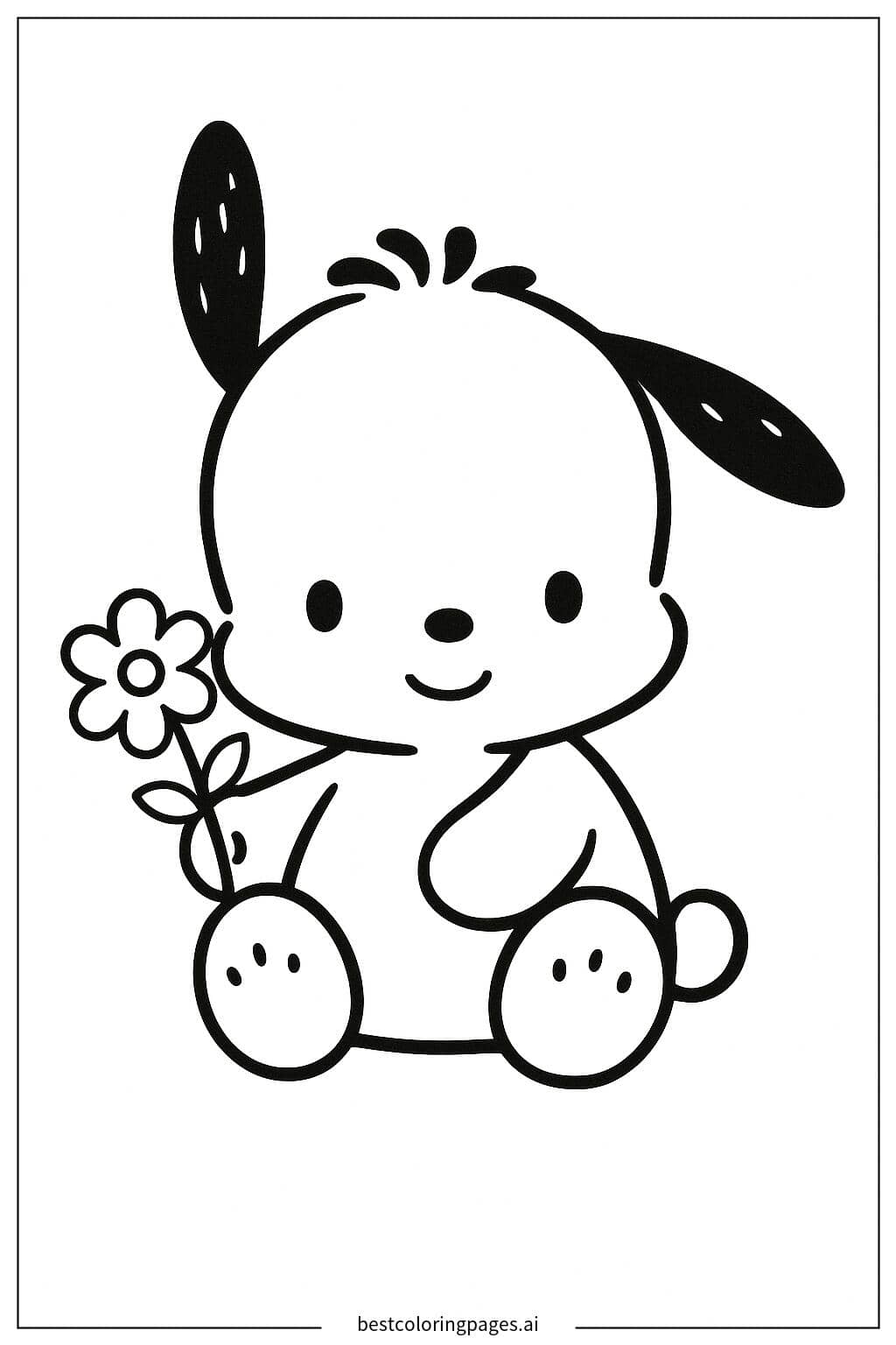 Dibujos de Pochacco sentado con una flor para Colorear