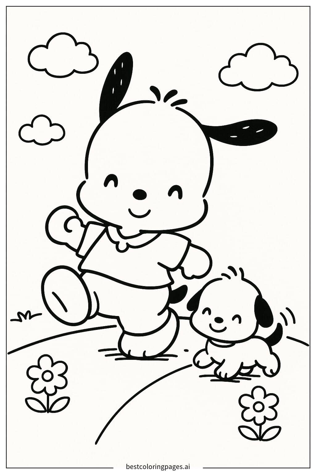 Dibujos de Pochacco caminando con un amigo cachorro para Colorear