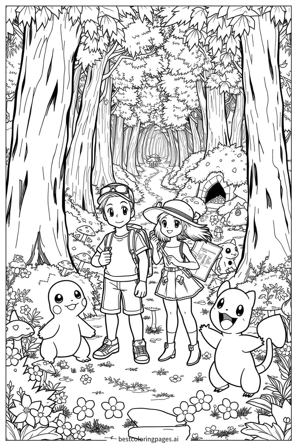 Pokemon Trainers in Forest Adventure Coloring Page