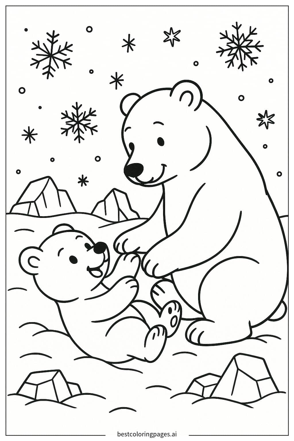 雪中北極熊與幼崽 著色圖