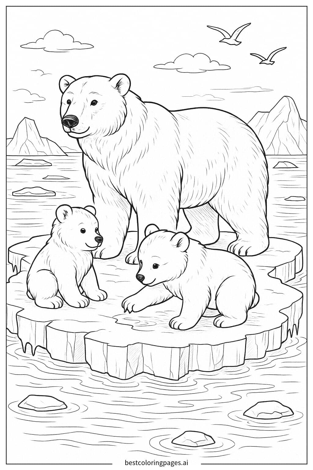 Desenhos de Família de Ursos Polares em uma Placa de Gelo para Colorir
