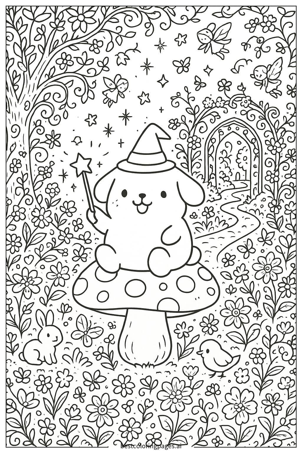 Pom Pom Purin in a Magical Garden Coloring Page
