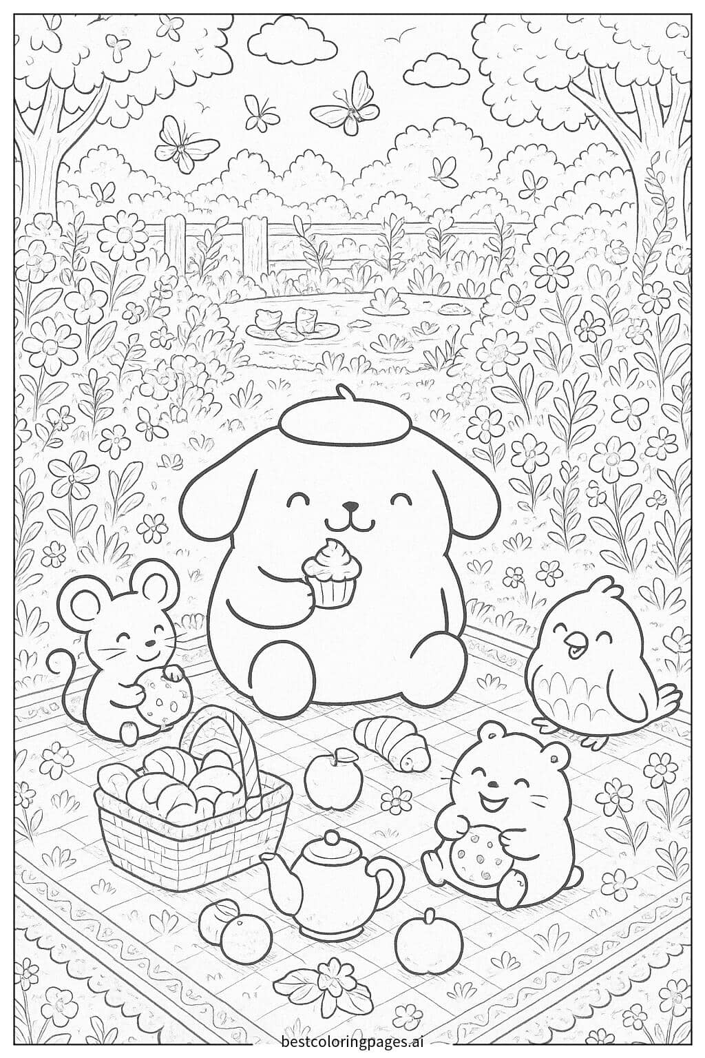 ภาพระบายสี ปอมปอมปูรินในสวนกับเพื่อน ๆ