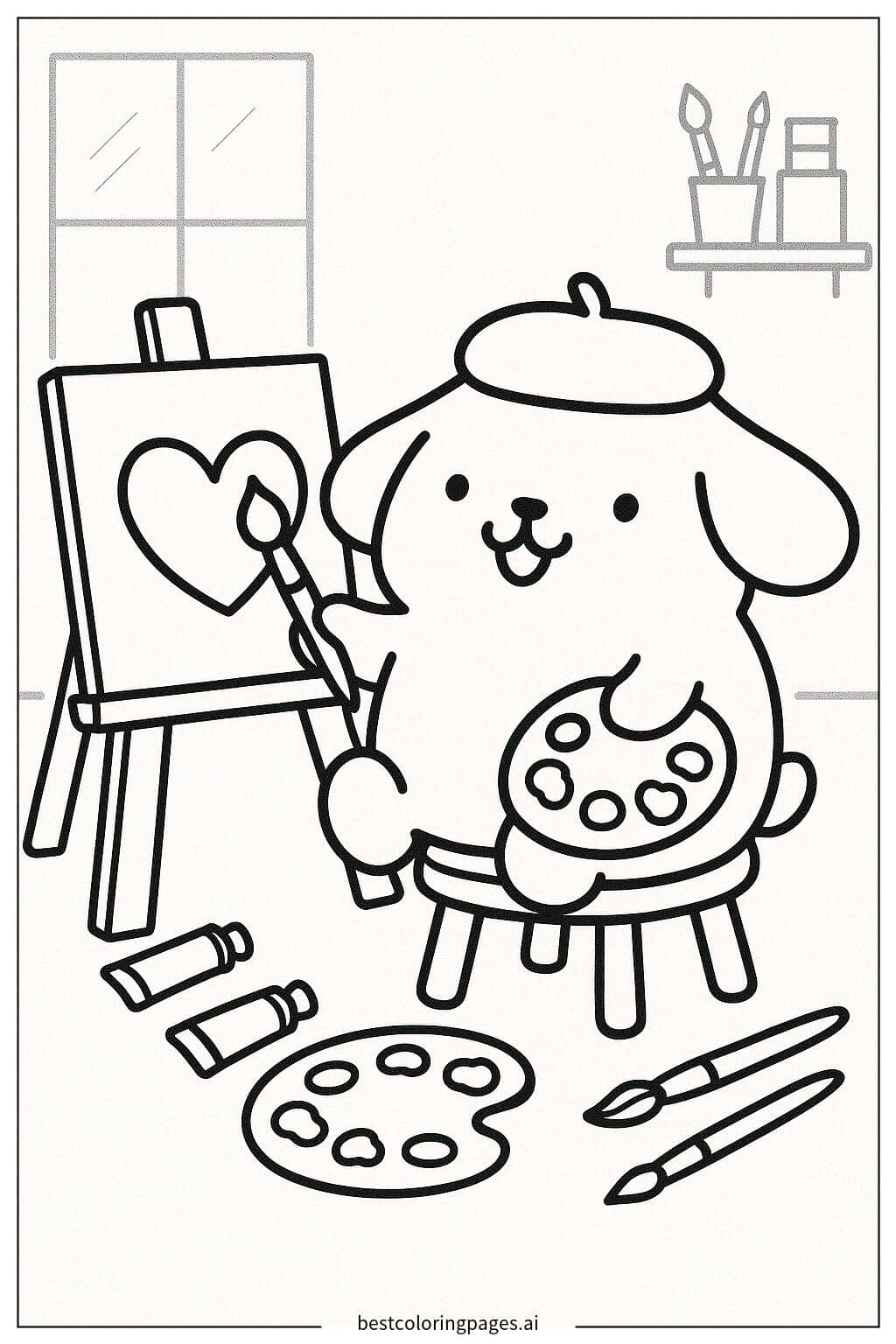 Pom Pom Purin Painting a Picture Coloring Page