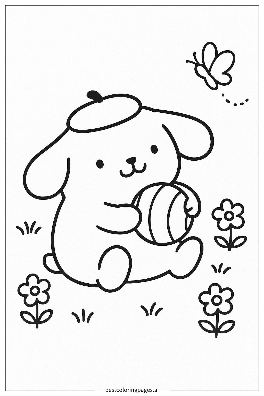 Pom Pom Purin Playing with a Ball Coloring Page