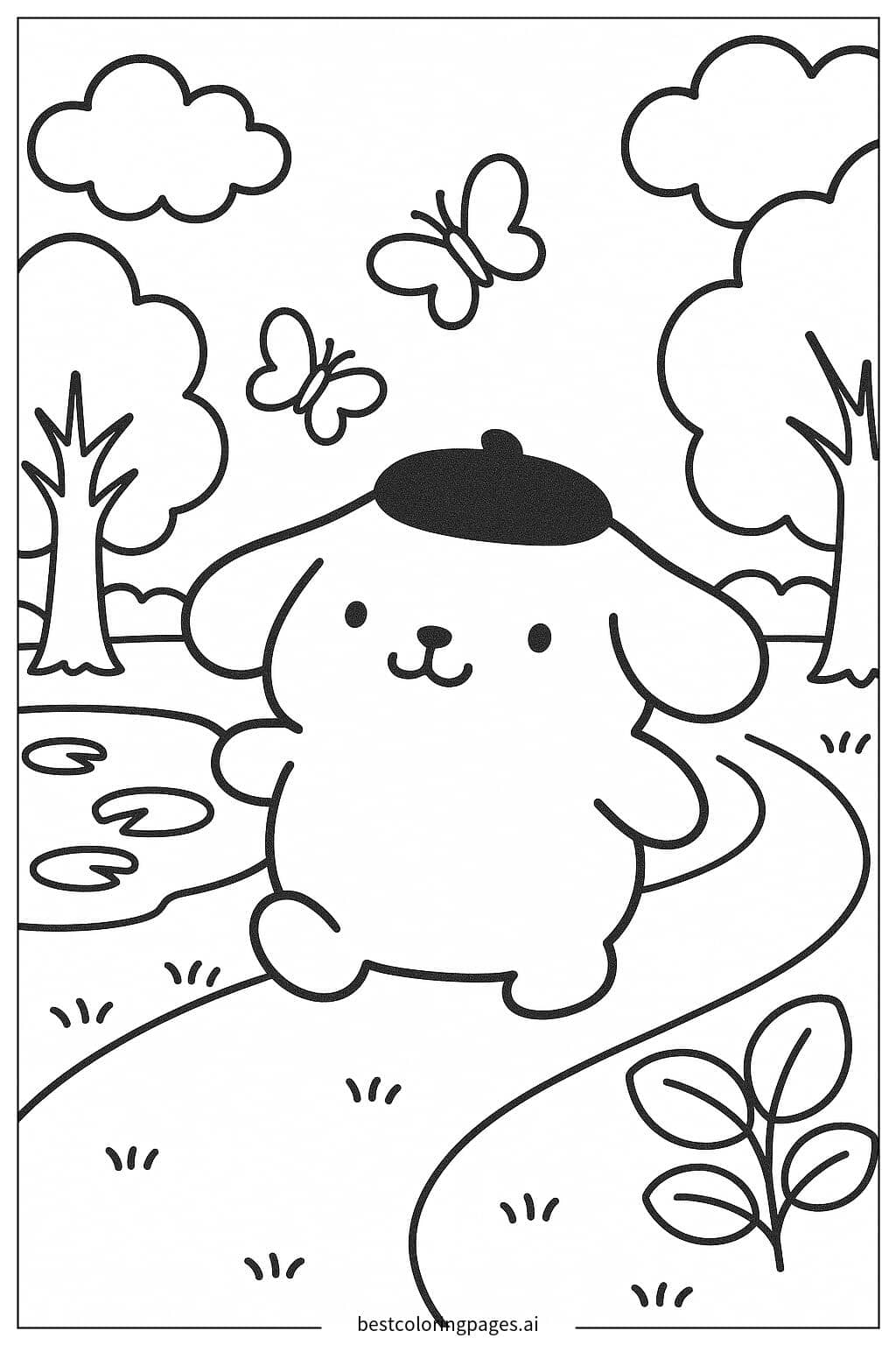 Pom Pom Purin Strolling Through a Peaceful Park Coloring Page