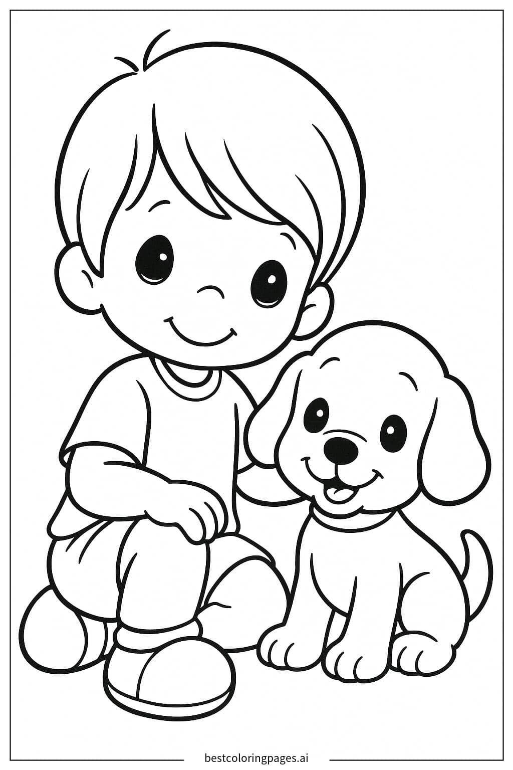 Precious Boy with Puppy Coloring Page