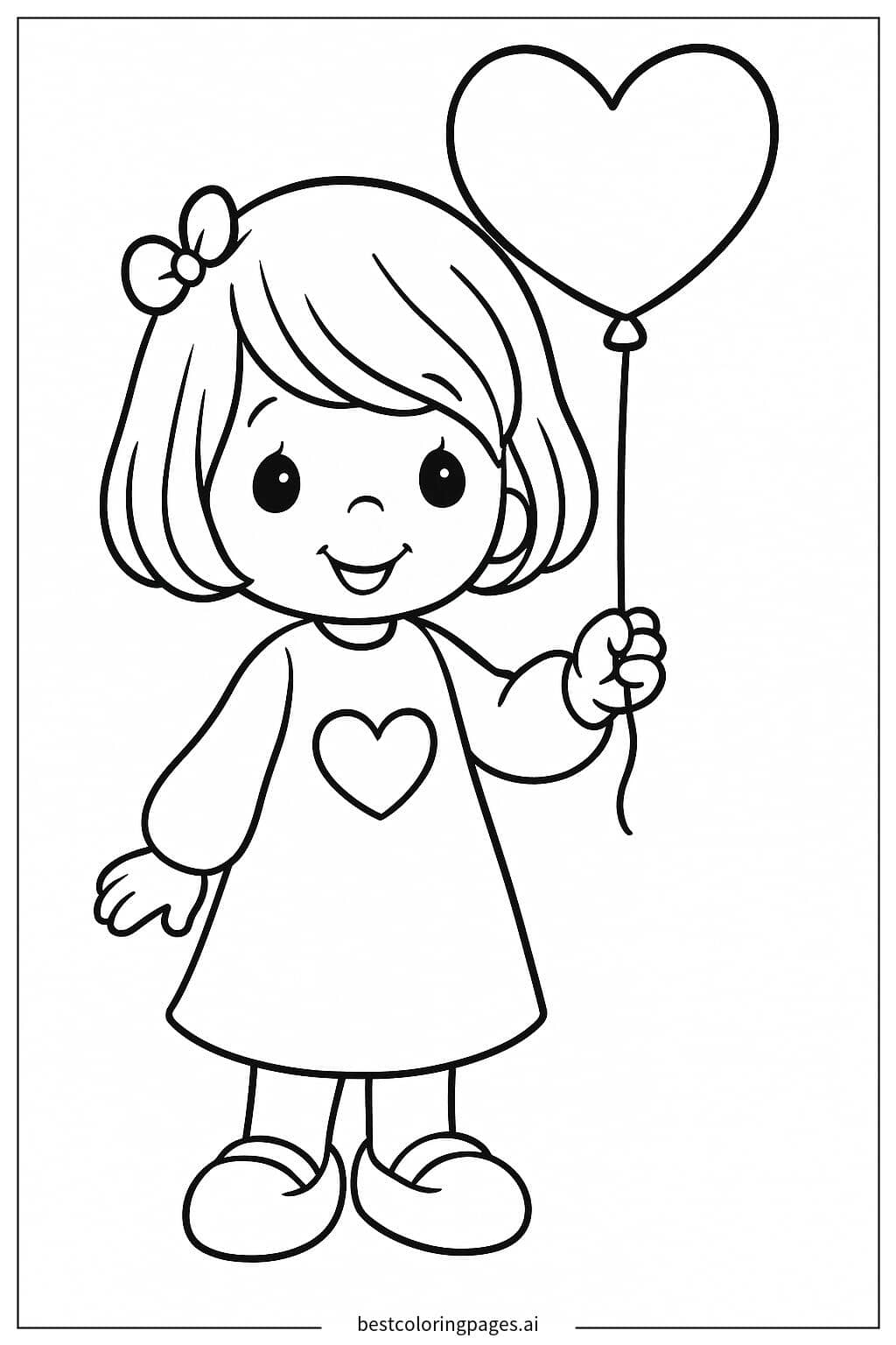 Adorable Girl Holding Heart Balloon Coloring Page