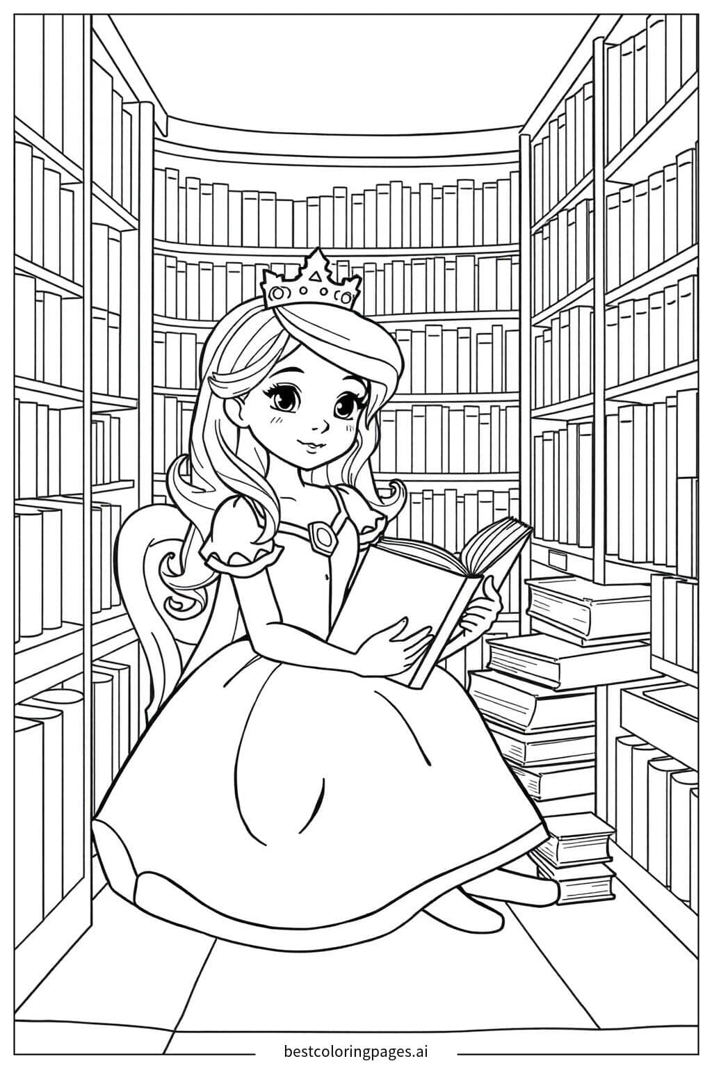 Prinzessin liest in der Bibliothek Ausmalbilder
