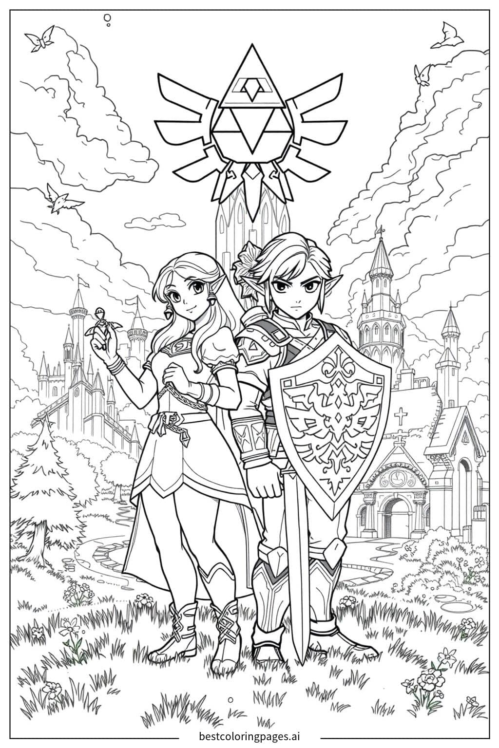 Princess Zelda and Link Saving Hyrule Coloring Page