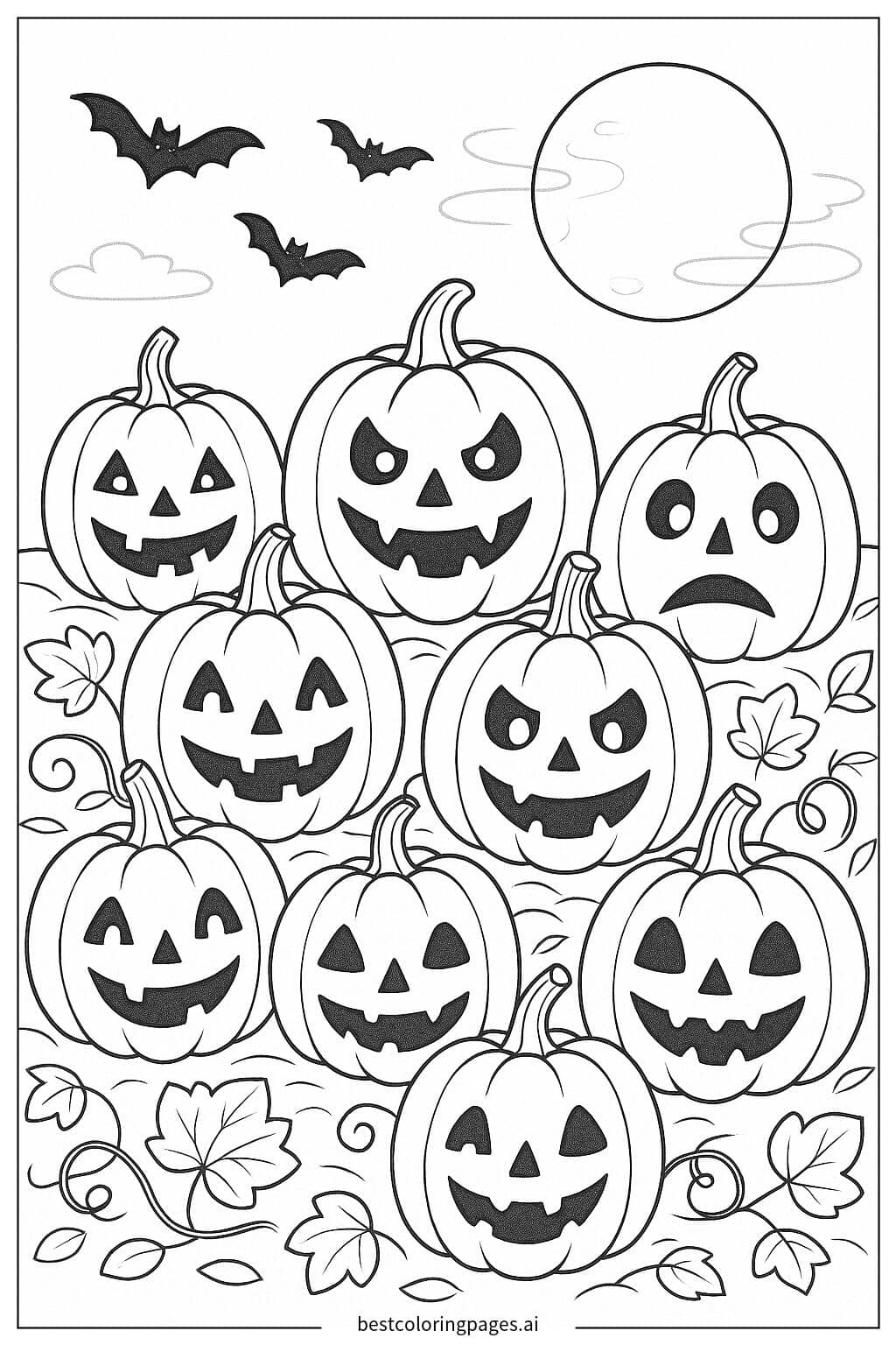 Pumpkin Patch with Spooky Faces Coloring Page
