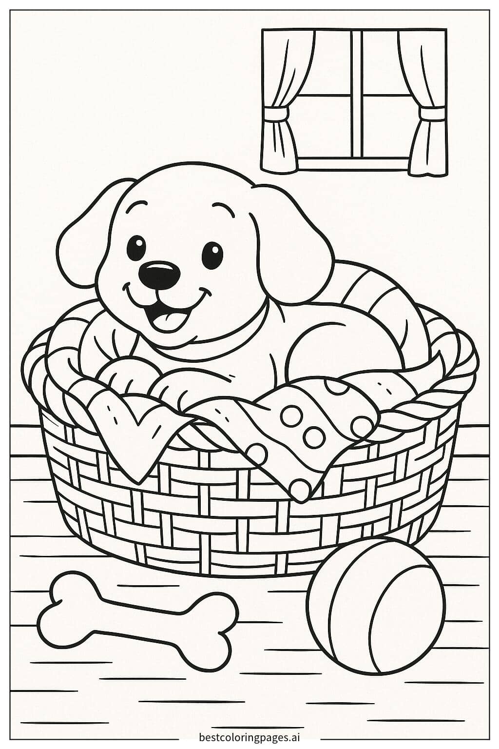 Puppy in a Cozy Basket Coloring Page