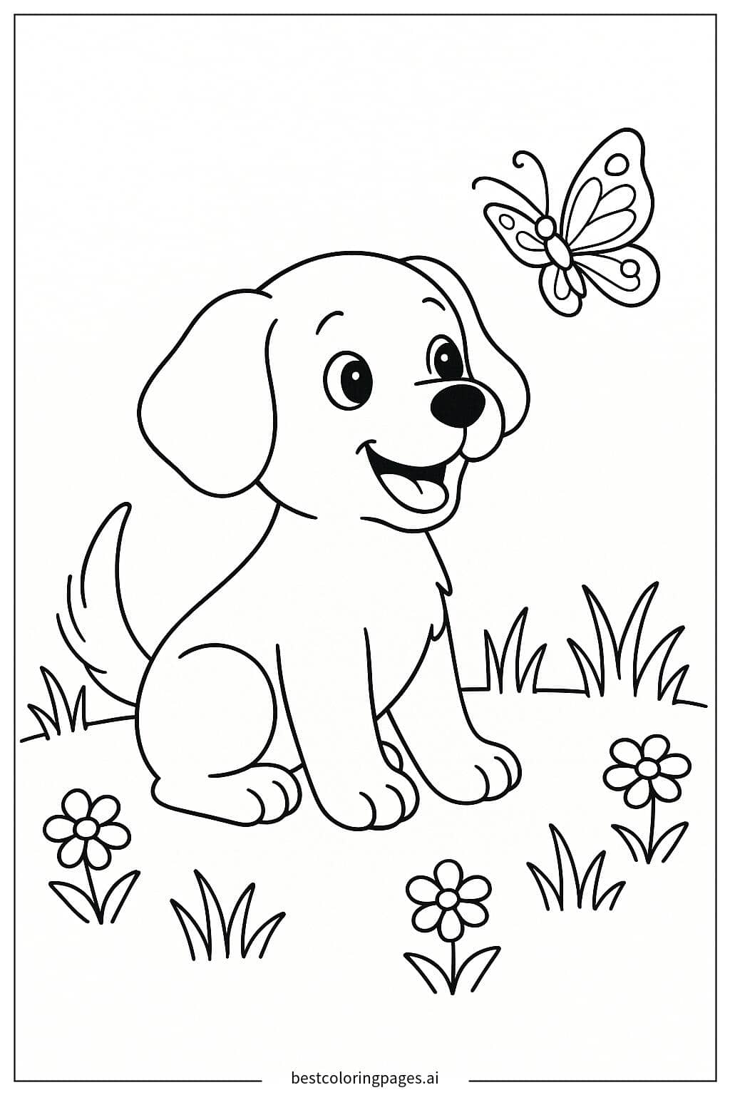 Puppy Playing with Butterfly Coloring Page