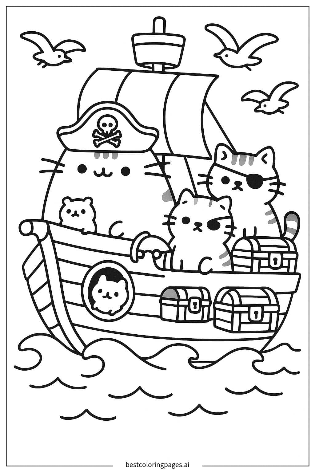 Pusheen和朋友们的海盗船探险 涂色页