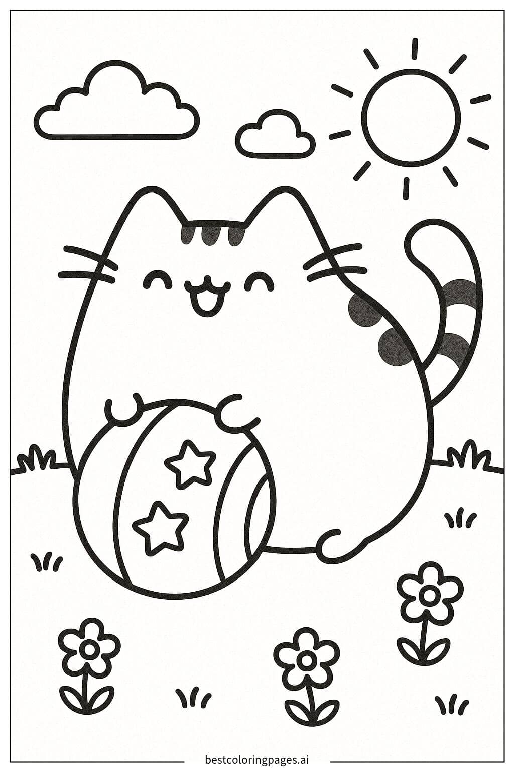 Pusheen Enjoying a Playful Day with a Ball Coloring Page