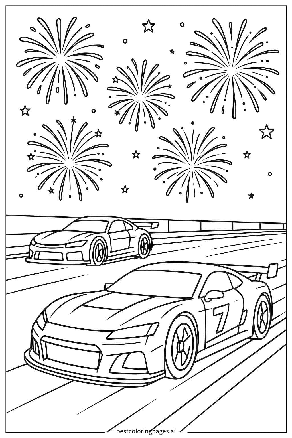 夜空烟花与赛车 涂色页