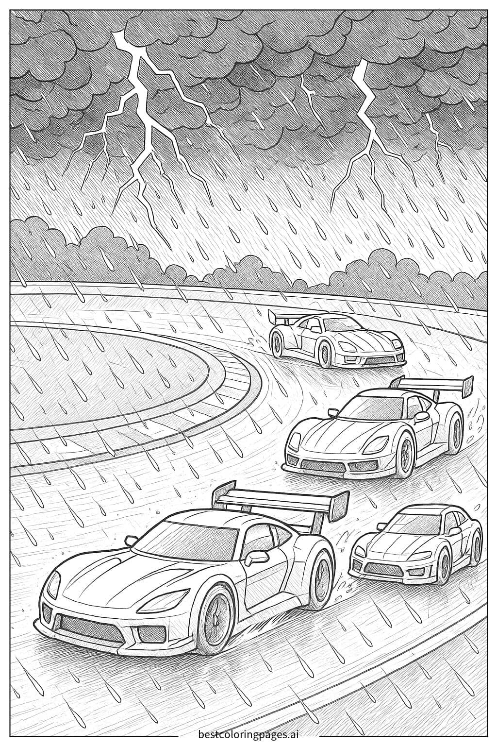 Race Cars in a Thunderstorm Coloring Page