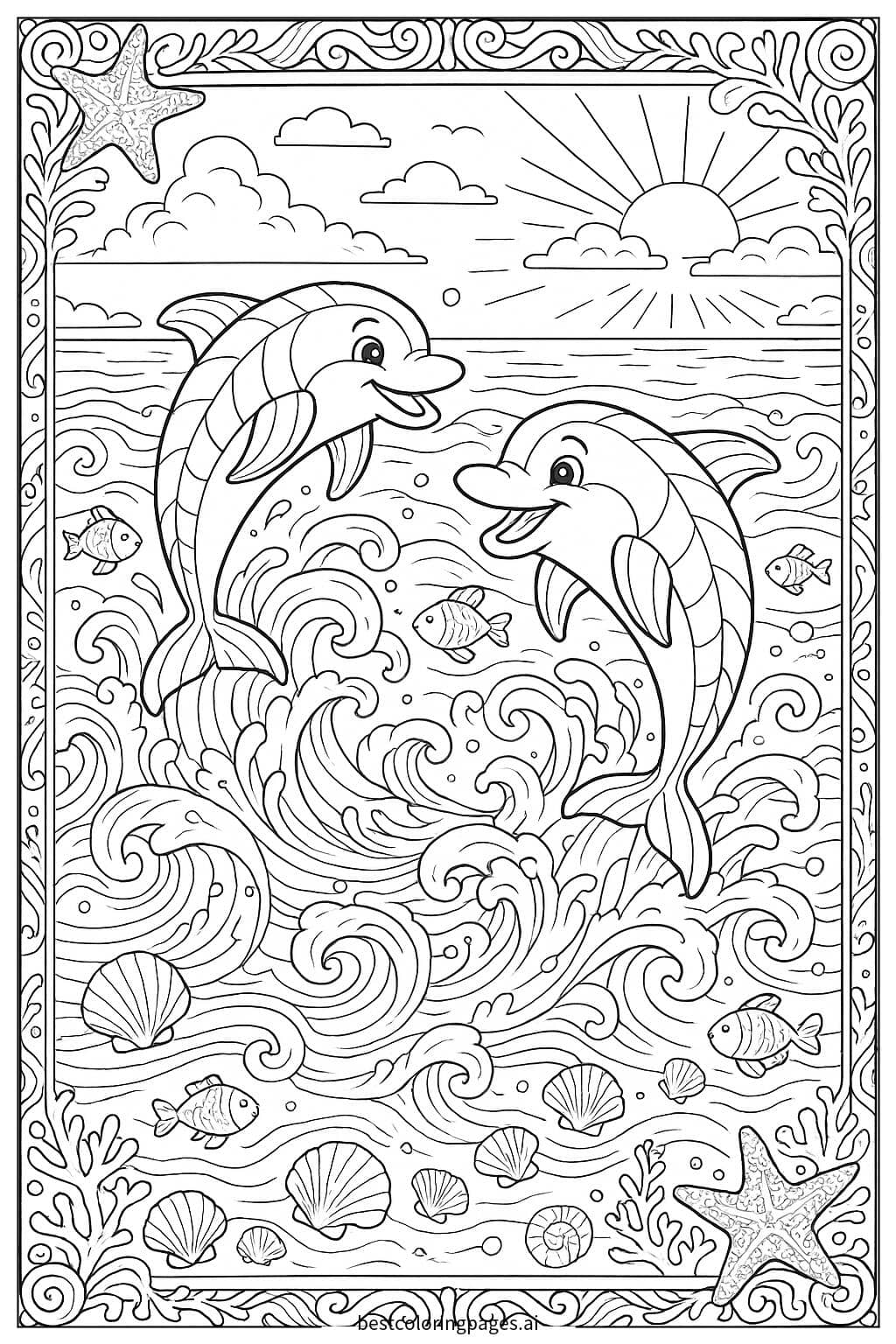 Rainbow Dolphins Playing in Ocean Waves Coloring Page