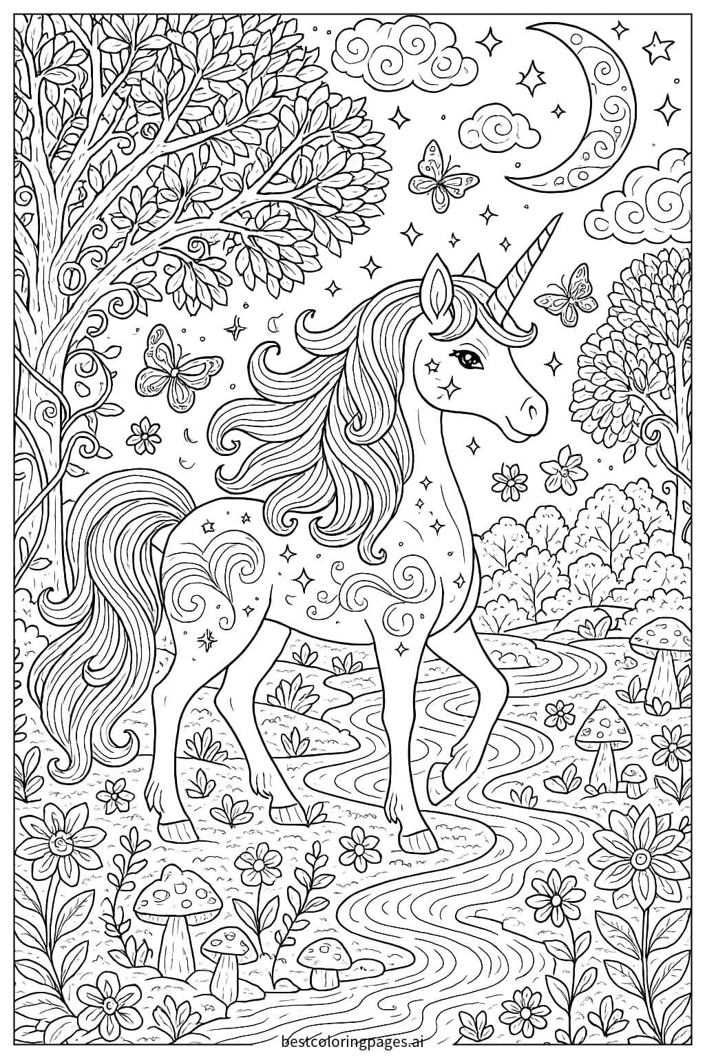 Rainbow Unicorn in a Magical Forest Coloring Page