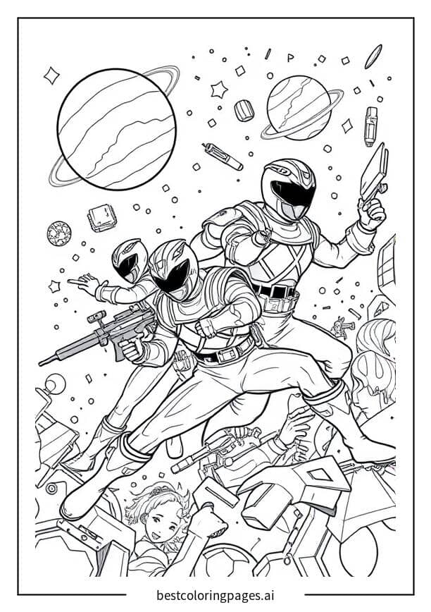 Desenhos de Rangers Lutando no Espaço para Colorir
