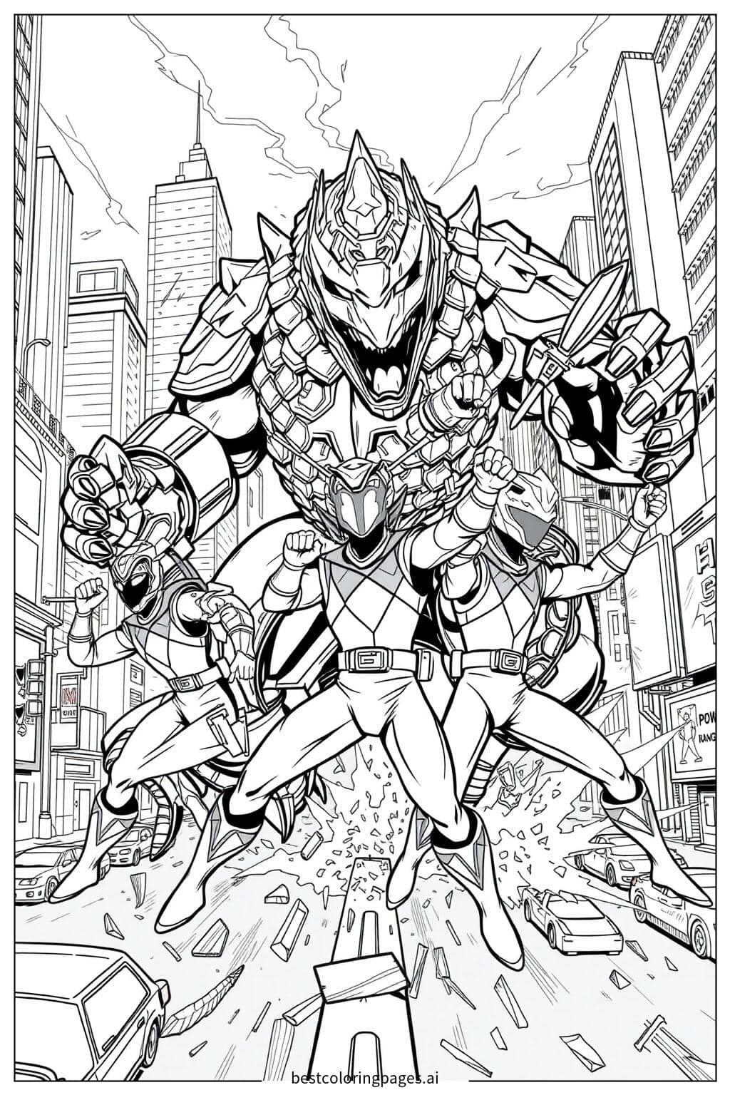 Rangers Battling Monsters in a City Coloring Page