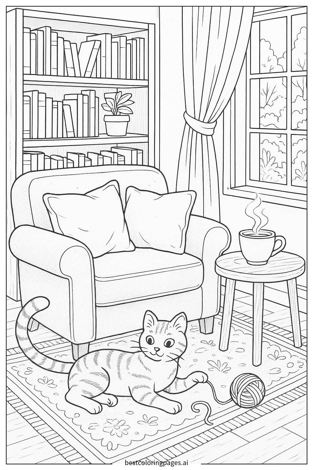 Cozy Reading Nook with Cat and Tea Coloring Page