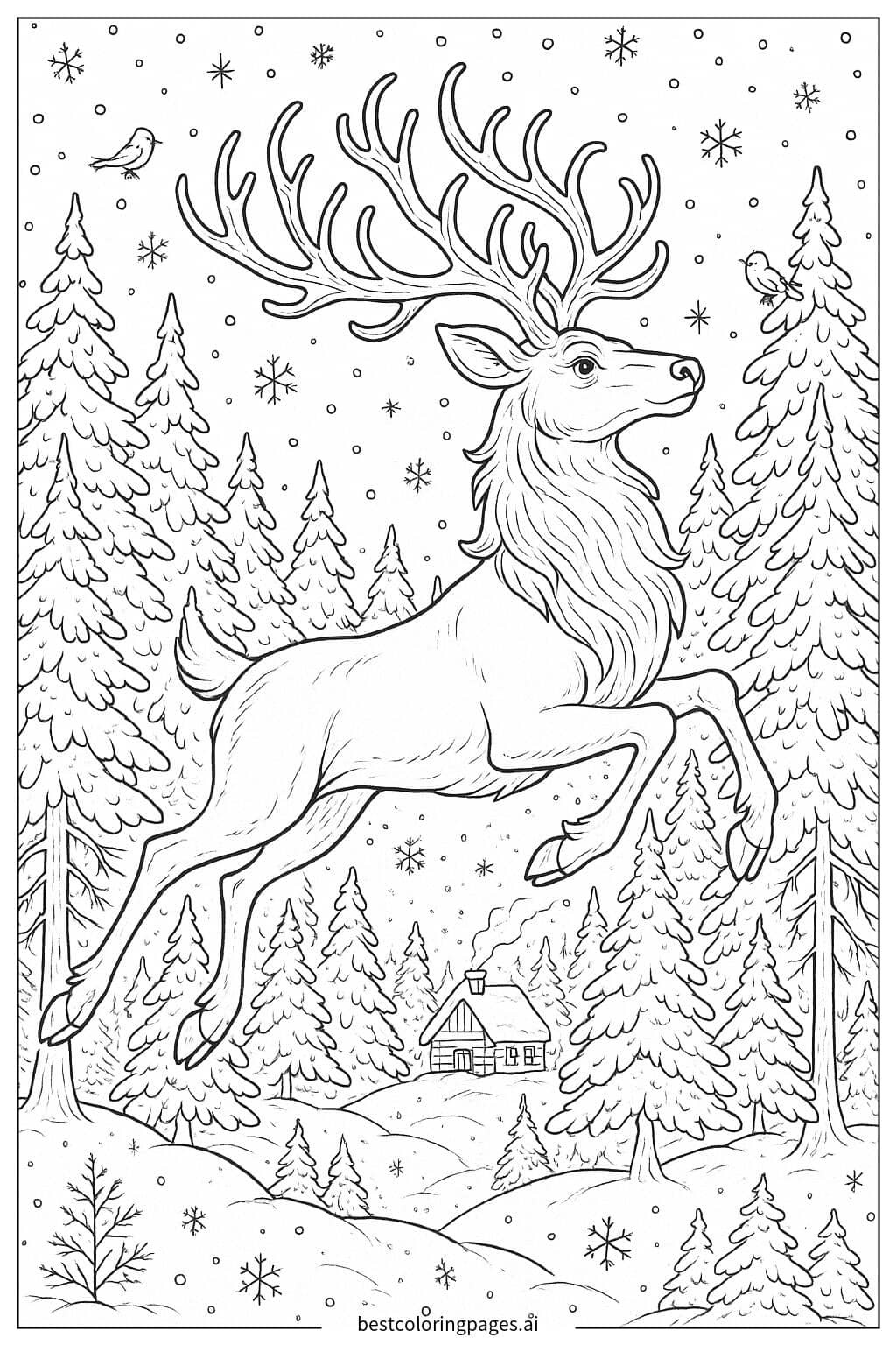 Desenhos de Rena voando pela floresta nevada para Colorir