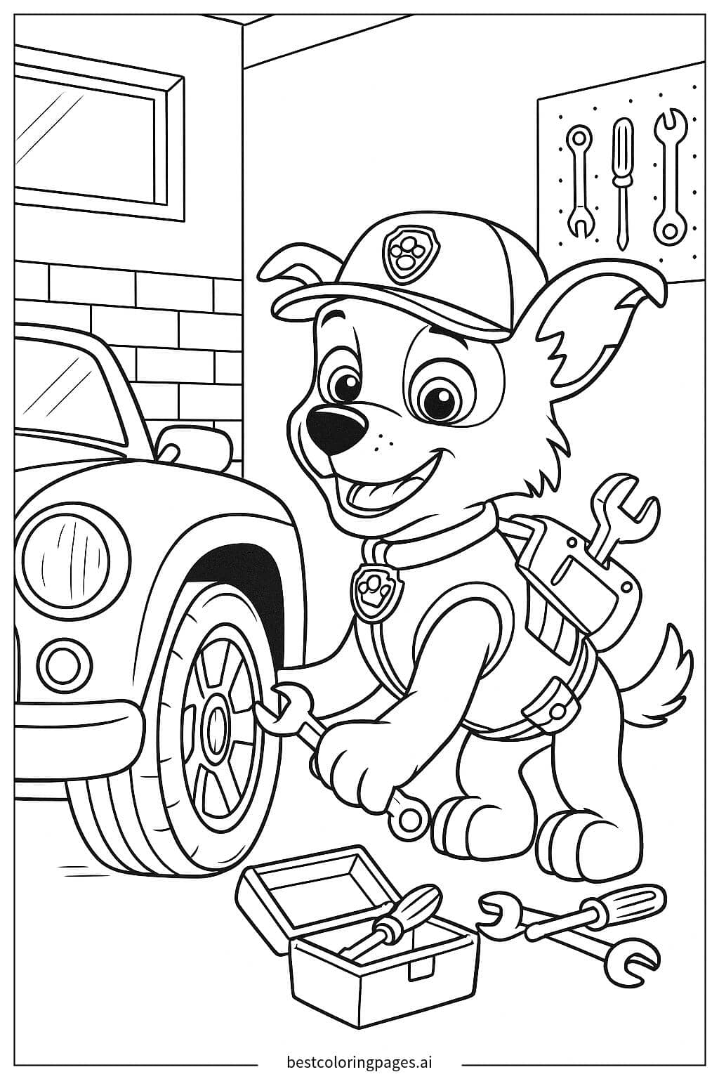 Coloriage Rocky répare une voiture