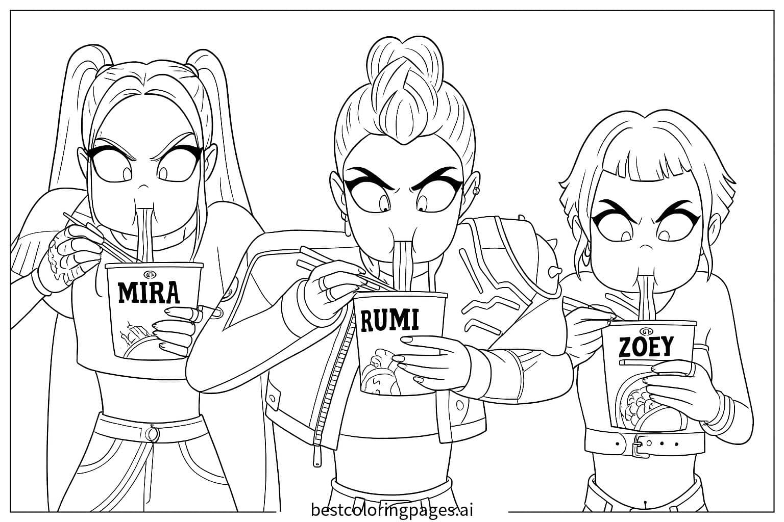 Dibujos de Rumi y Zoey comiendo fideos para Colorear