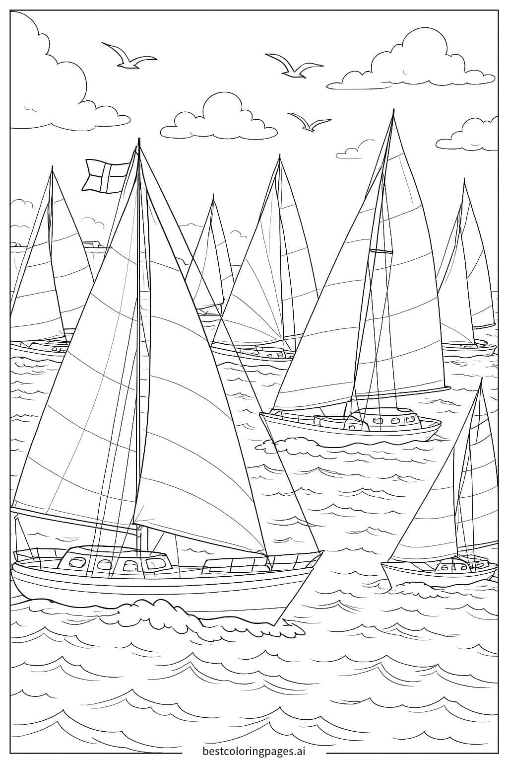 Desenhos de Regata de Vela com Múltiplos Barcos para Colorir