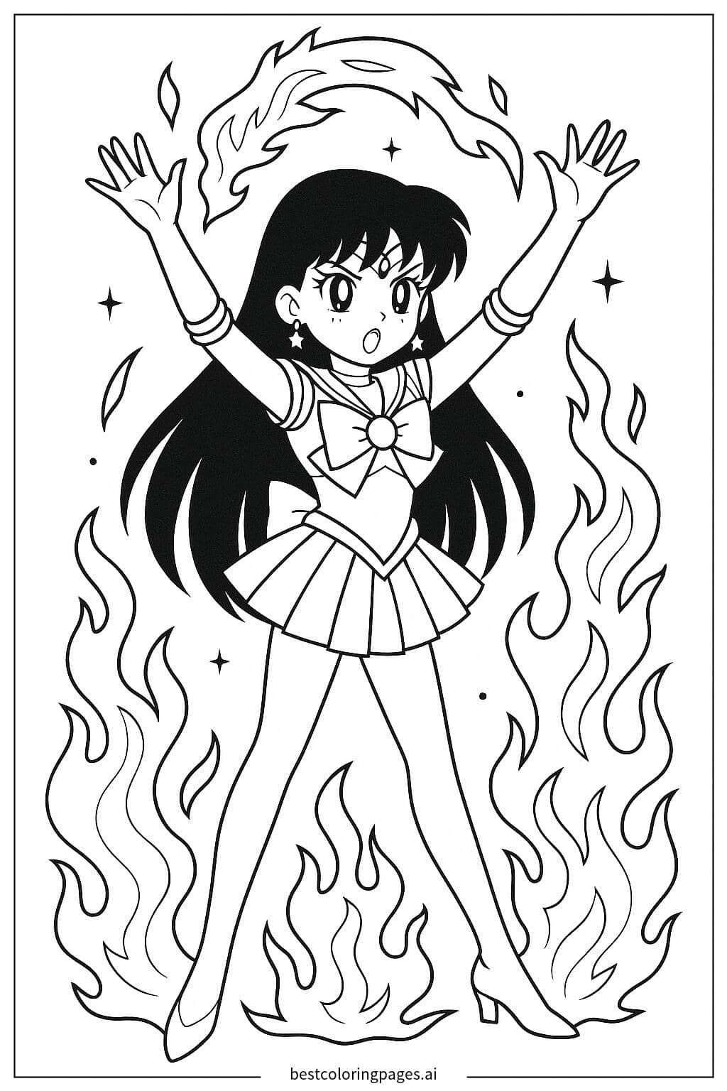 Coloriage Sailor Mars lançant un sort de feu