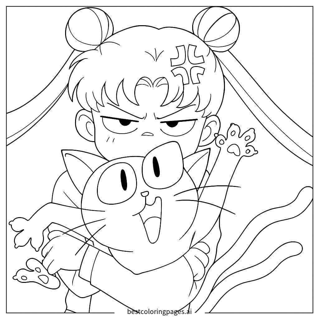 Gambar Mewarnai Sailor Moon dan Kucing