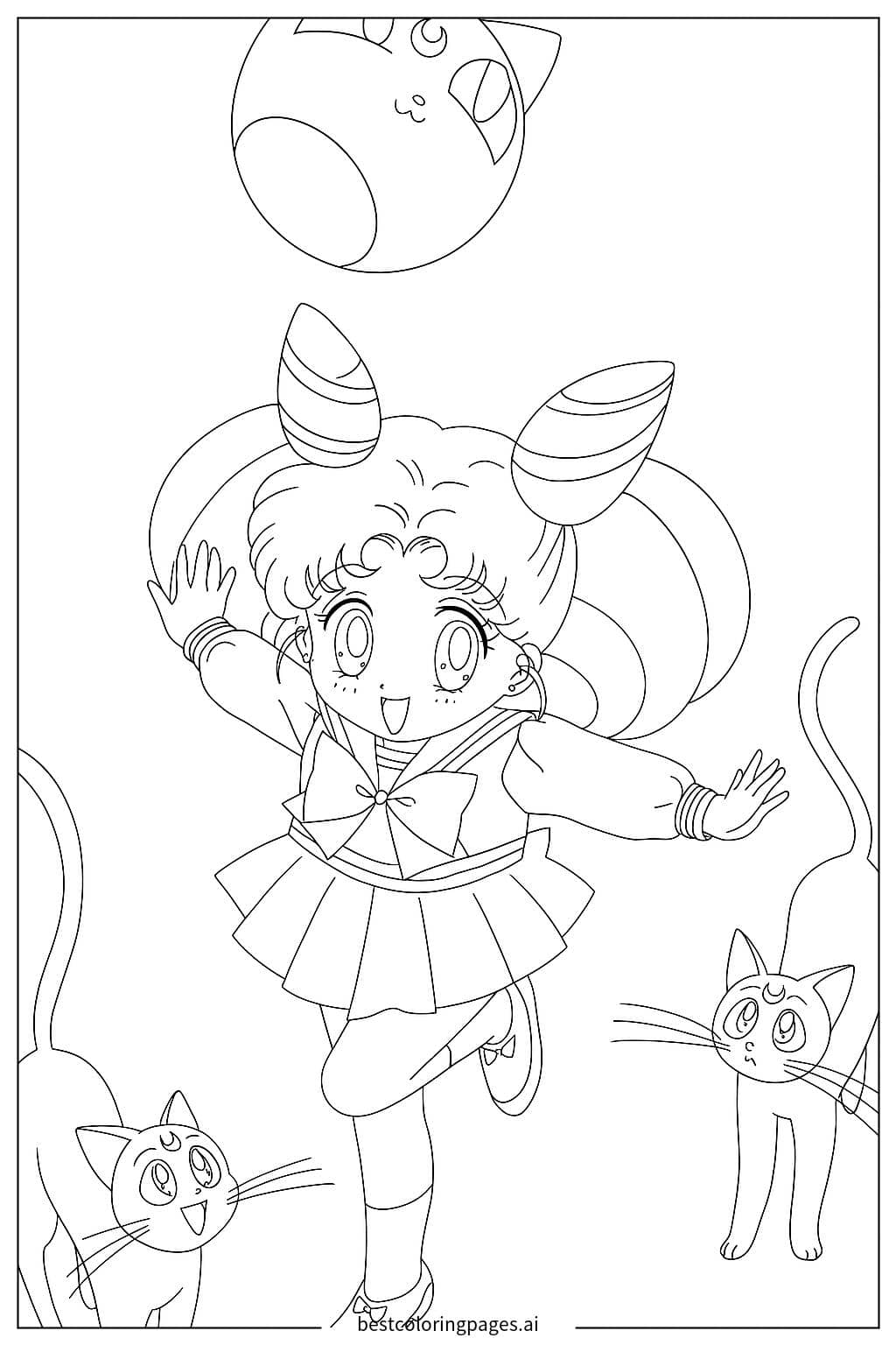 Gambar Mewarnai Sailor Moon dan Kucing
