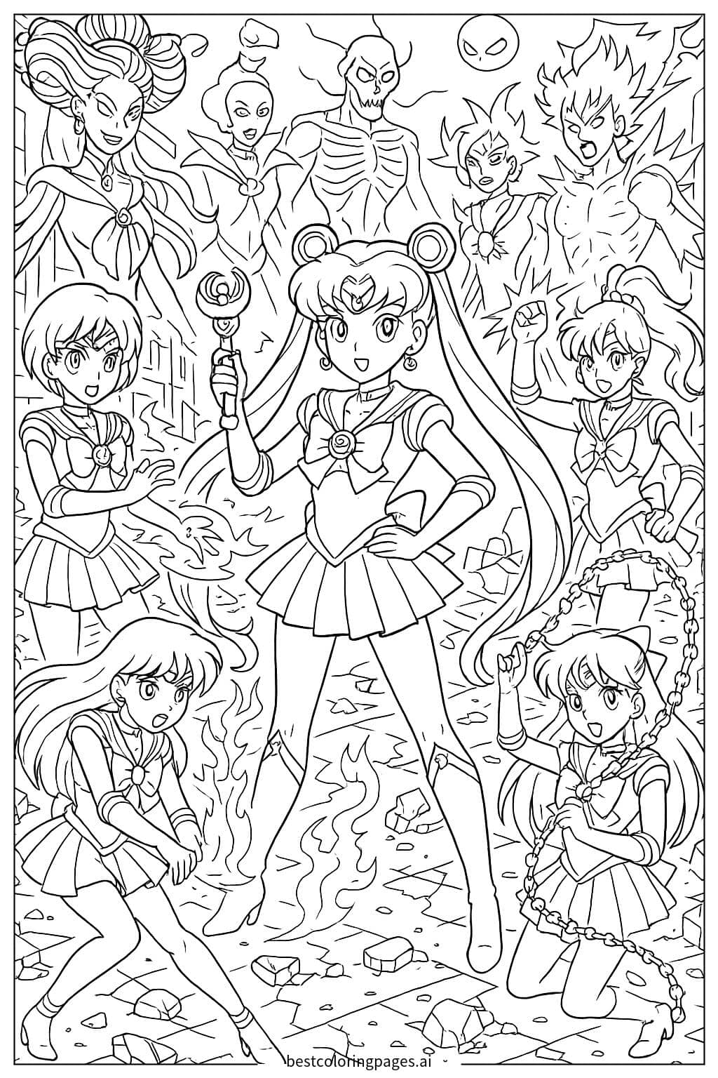 세일러 전사들이 악당들과 맞서 싸우는 모습 색칠공부