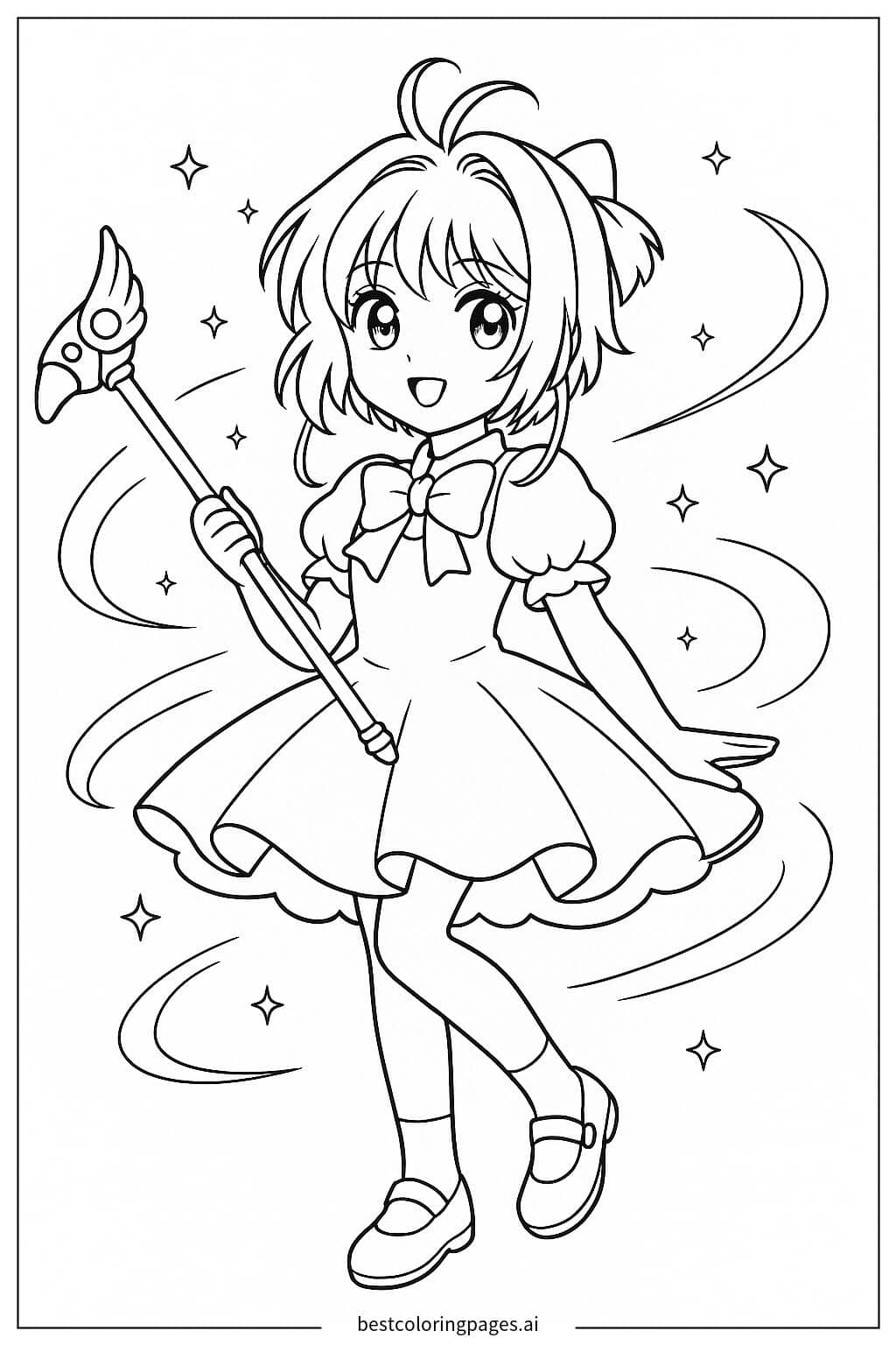 Gambar Mewarnai Sakura Melontarkan Mantra Ajaib