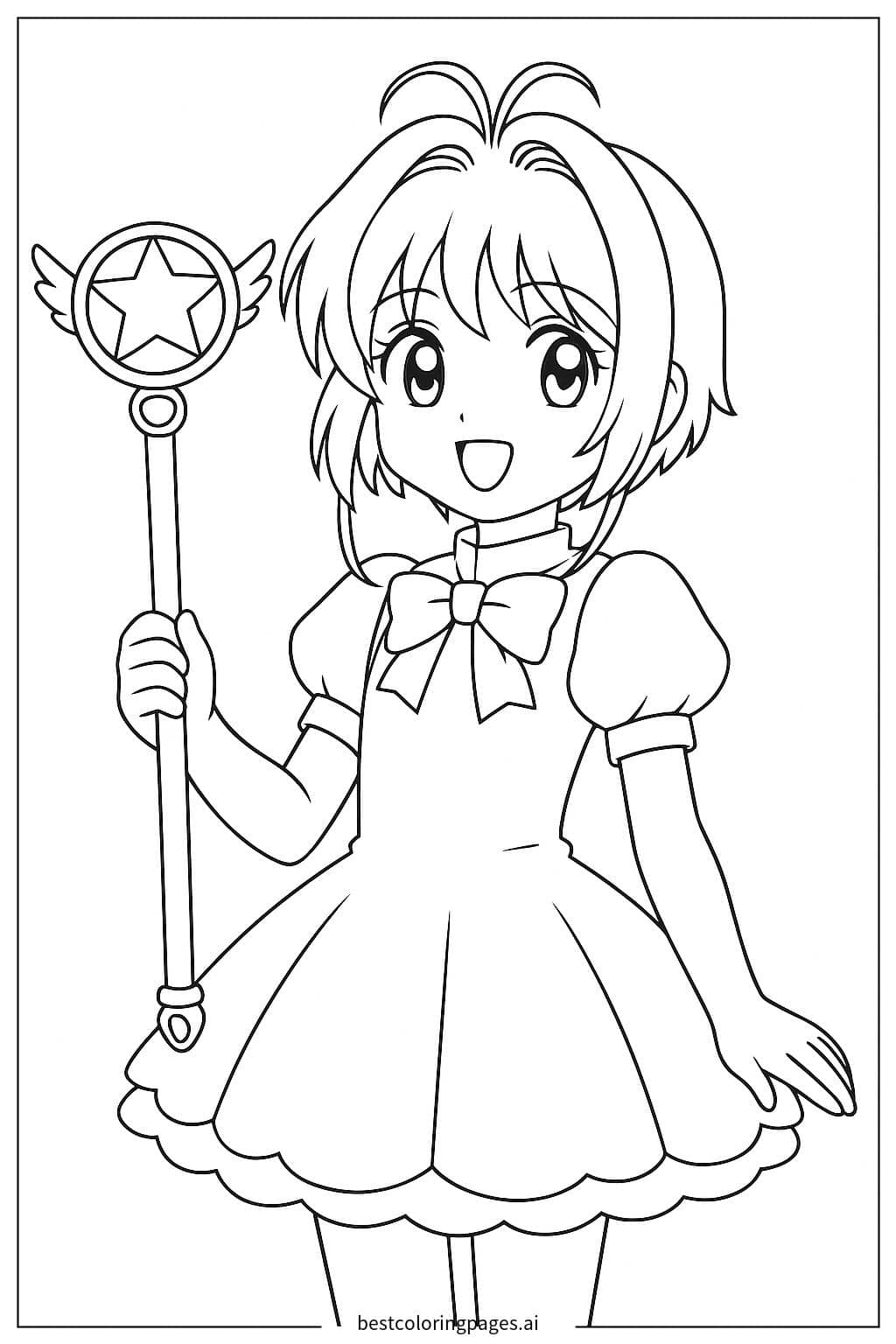 Sakura Holding the Magical Star Wand Coloring Page